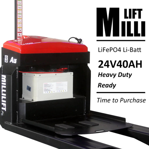 Front-left view: Milllift electric pallet jack with red top and black frame; exposed 24V LiFePO4 battery