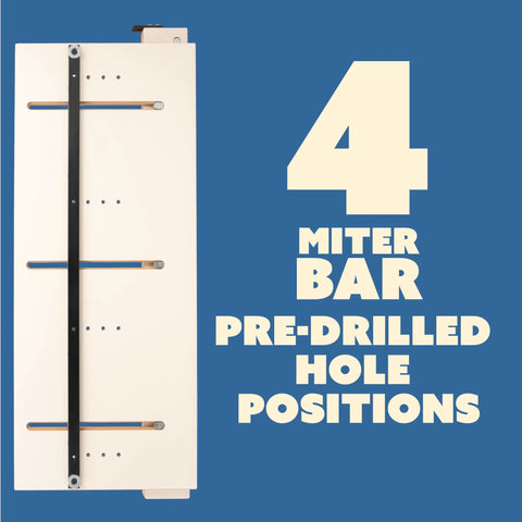 Adjustable Taper and Straight Line Jig With Blade Safe Hold Downs for Table Saw, featuring four miter bar pre-drilled hole positions.