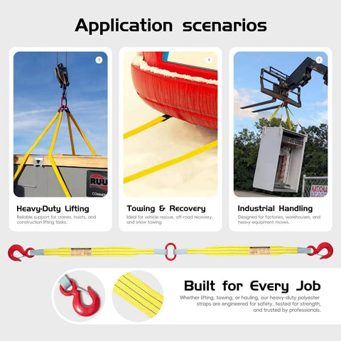 Kivomot 2-leg 3-ton lifting sling with yellow polyester webbing and red hooks.
