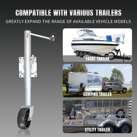Heavy Duty Bolt On Trailer Tongue Jack With Wheel 1000 Lbs 10 Inch Lift For RV beside images of yacht, camping, utility trailers
