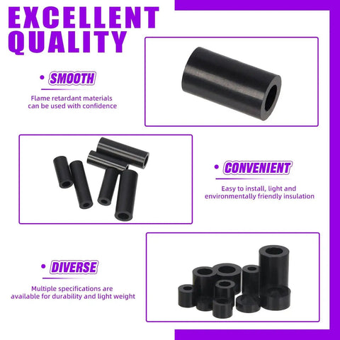 270-Piece Nylon Round Spacer Standoff Kit For M3 To M6 Screws, Black ABS Plastic With 3mm-25mm Lengths, image shows various spacers