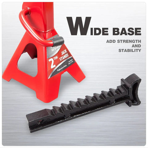 Low Profile 2 Ton Jack Stands Set For Cars 2 Pack 9.8 To 15 Inch Lift Range, showing red stand and ratcheting bar.