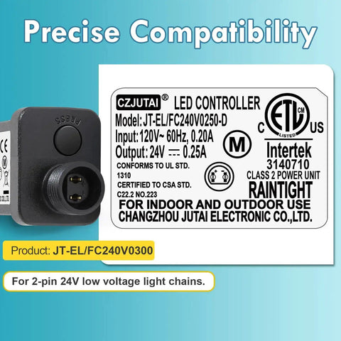 Close-up of 24V 0.3A LED Transformer Power Supply With 8 Modes IP44 Waterproof Low Voltage Class 2 Transformer US Plug