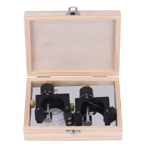 Wooden box containing 2 Piece Magnetic Knife Setting Jigs For Planer And Jointer, Portable Adjustable Gauge Set With Pro Grade High Carbon Steel Blades
