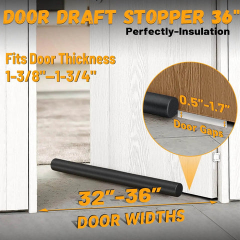 Beefy 36 Inch Door Draft Stopper With 2 Inch Diameter Foam Core Covers 0.5 To 1.7 Inch Gaps Heavy Duty Weather Stripping Black