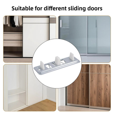 4 Pack Sliding Closet Door Floor Guides Bypass Bottom Track Rails Set With Metal Base Plastic Plates And Screws in use on sliding doors