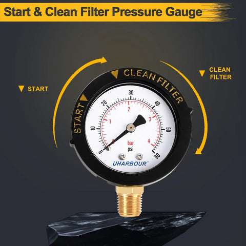UHARBOUR pool filter pressure gauge, 60 psi, 1/4 inch NPT bottom mount with brass connector for pool, spa or aquarium use.