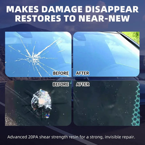 DIY Windshield Repair Kit for Chips and Cracks That Stops Spreading in Minutes Great for Bullseye and Star Break Auto Glass Repair Tool with 5 Bottle Value Pack for Pro Results, showing before and after repairs on cracks.