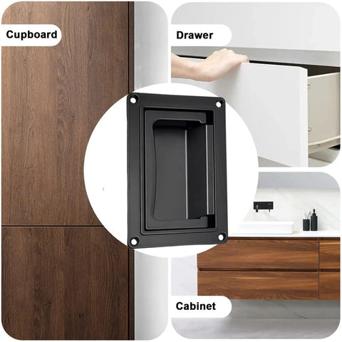 Recessed Door Pull Handles Set Of 2 In Black Zinc Alloy Folding Flush Lift Ring Design for furniture, cabinets, and drawers installation.