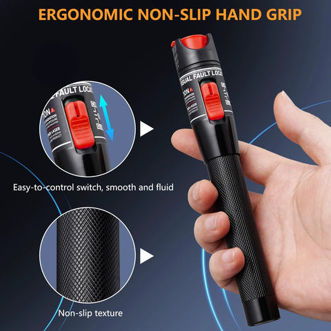 Trileria Visual Fault Locator fiber optic tester, 50 km range, black body with red switch and non-slip knurled grip.