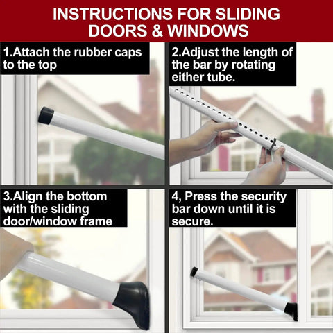 Instructions for installing Heavy Duty Door Security Bar Adjustable Jammer For Home Sliding Patio White shown in four steps.