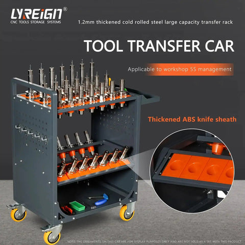 Gray CNC Tool Storage Cart With CAT50 CAT40 Compatibility, heavy-duty with cold rolled steel and ABS components, on wheeled base.