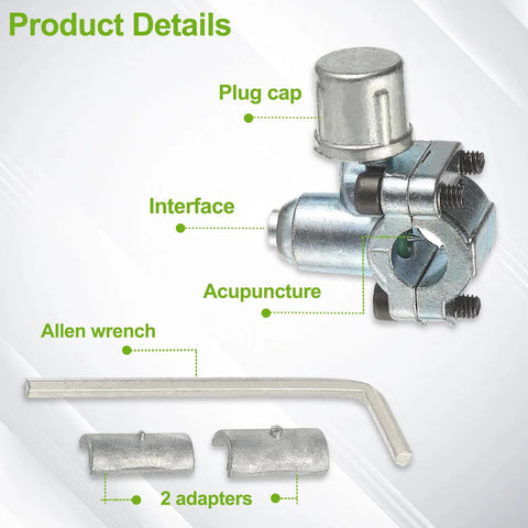 BPV-31 refrigerator tap valve piercing kit in silver with plug cap, interface, Allen wrench, and 2 adapters