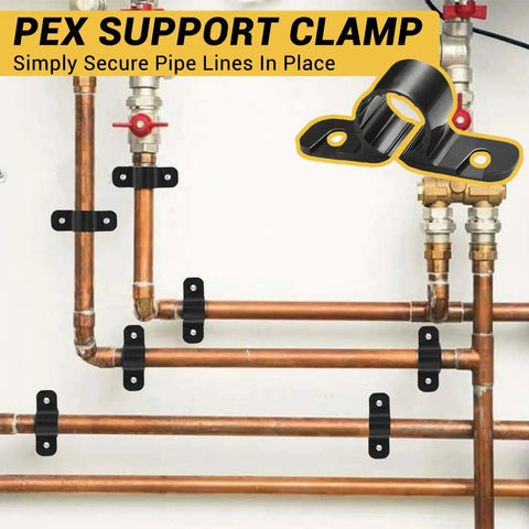 All In One Pex Pipe Support Kit For Copper CPVC And Pex Systems MSLANE installed on copper pipes with clamps and screws visible.