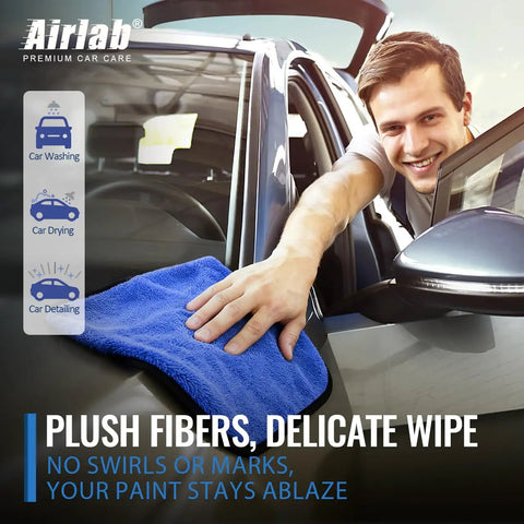Ultra Thick 800GSM Microfiber Towels For Cars Pack Of 4 16 X 16 Inches Blue Gray Lint Free Streak Free For Interior And Exterior Auto Detailing Super Absorbent Quick Dry being used on a car's surface.