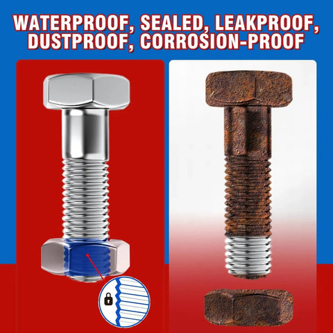 Comparison of a bolt with and without Blue Thread Locker 50ml Medium Strength Waterproof Threadlocker, showcasing corrosion resistance.