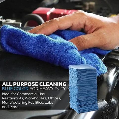 90 Pack Blue Cotton Shop Towels 14 By 12 Inches Reusable Rags For Auto Garage Industrial And Home Cleaning with hand in use
