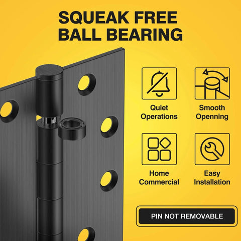 Ball Bearing Door Hinges 4.5 By 4 Inches Matte Black Square Corner 3mm Thick Non Removable Pin No Squeak