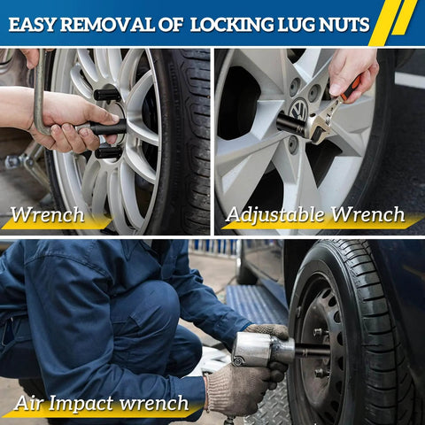10 Piece Wheel Lock Removal Kit With Spline And Hex Master Keys Remove Rusted Or Stripped Lug Nuts On Aftermarket Wheels CrMo Steel Construction Anti Theft Lock Nut Removal For Jeep Ford Toyota Honda shown in use with wrenches on car wheels.