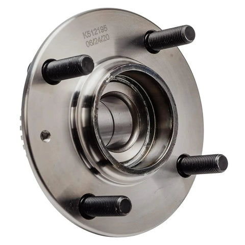 Front view of 4 Pc Front And Rear Wheel Bearing Hubs Kit Fits 2001 2006 Hyundai Elantra And 2005 2009 Kia Spectra And Spectra5 With 2 Front Bearings And 2 Rear Hubs Assembly showing circular metal hub with black bolts