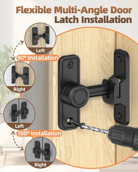 Heavy-Duty Zinc Alloy Barn Door Lock With 90/180 Degree Flip Privacy Latch, shown installed on wood door with drill