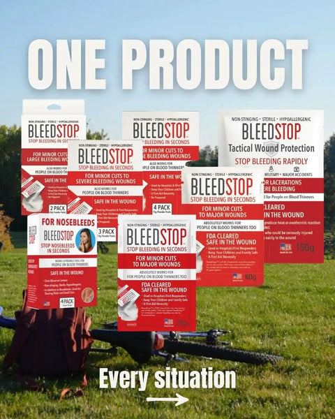 Front view of various BleedStop packages for minor cuts and nosebleeds, including Fast Acting Nosebleed Strips With Blood Coagulant Foam Inserts.