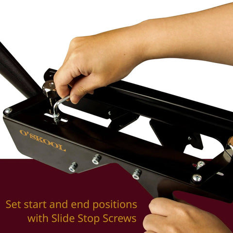 Self Centering Steel Spline Jig For Trim Routers Pro Grade Woodworking Tool in use with hands adjusting slide stop screws