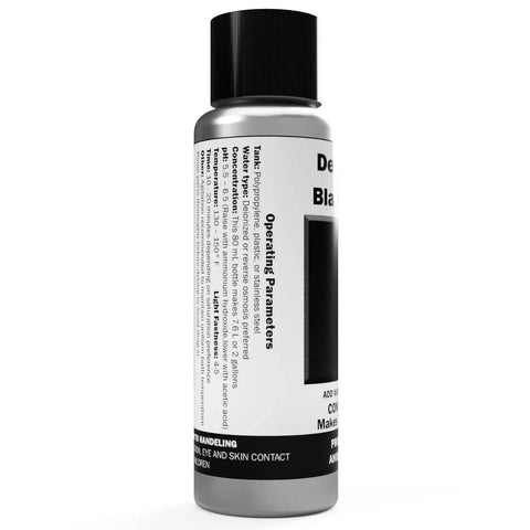 Side view of Professional Aluminum Anodizing Pigment Dyes Black E CRO Light To Rich Black Powder Concentrate in 80 mL UV-protected bottle.