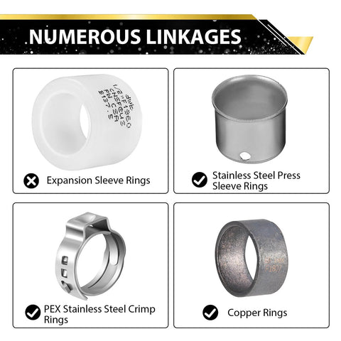 White plastic expansion sleeve rings for PEX tubing, front view
Stainless steel press sleeve rings, cylindrical metal sleeve with hole, side view
PEX stainless steel crimp rings, circular metal ring for PEX tubing
Copper rings for PEX piping, dark metal ring, close-up