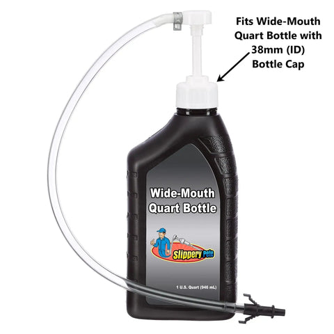 Wide Mouth Fluid Pump With 38mm Cap 8cc Stroke 17in Tube And 3rd Hand Adapter attached to quart bottle