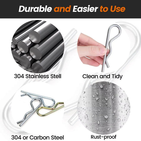 6 Pcs M4 X 90 Heavy Duty 304 Stainless Steel Cotter Pins And R Clips images showing material, rust-proof feature, and strong tension use