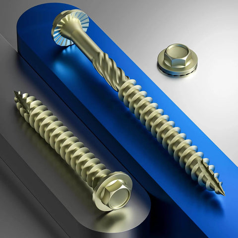 Close-up of one pound pack of 12 gauge exterior lag screws, 2 inch length, hex washer head, yellow coated, rust resistant
