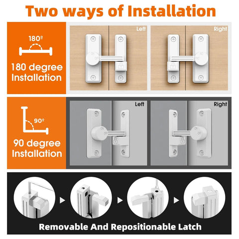 Illustration showing 180 and 90 degree installation of Barn Door Latch 90 And 180 Degree Sliding Latch For Privacy And Security In Bathrooms Garages Bedrooms Fences And Cabinets Zinc Alloy Construction Built Tough Moisture Proof Corrosion Resistant Hardware Easy Install White Finish.