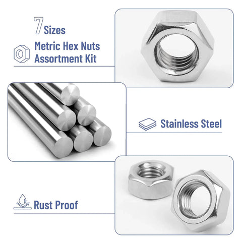 Metric Hex Nut Set, 145-Piece Assortment Kit With 7 Sizes M3 M4 M5 M6 M8 M10 M12, 304 Stainless Steel Nuts
