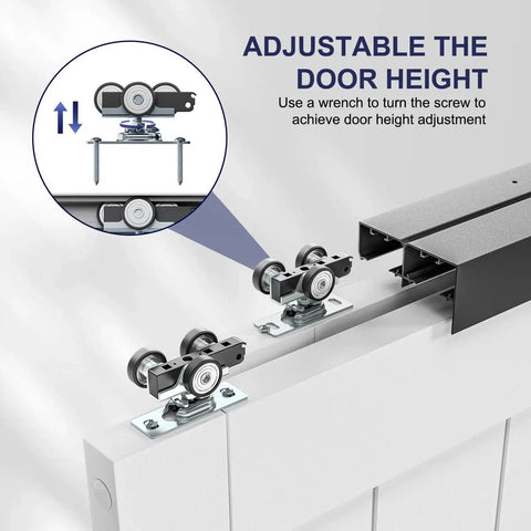 4 Ft Bypass Door Hardware Kit For Closet Doors, Top Mounted Track System In Black, showing three-wheel hangers and door adjustment feature