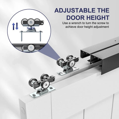 6Ft Bypass Closet Door Hardware Kit Top Mounted Track System Heavy Duty Aluminum Smooth Quiet Sliding For Two Doors Fits Minimum 36.5 Inch Door Panel Width Black Finish displaying adjustable door height