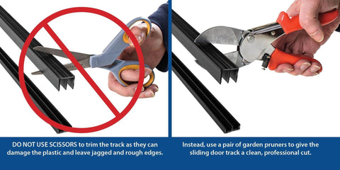Comparison of cutting methods for One Eighth Inch Panel Sliding Door Track System, 48 Inch Black Plastic Upper And Lower Track Set, USA Made, Pack Of 1, For Glass Or Wood Panels, Smooth Quiet Sliding For Showcases Cabinets Bookcases Reptile Tanks, showing scissors with a red cross and garden pruners making a clean cut.
