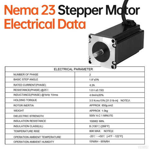 Nema 23 Stepper Motor With 1.8 Degree Step, Beefy Workhorse 2 Phase High Torque 3.5Nm, shown with electrical data chart