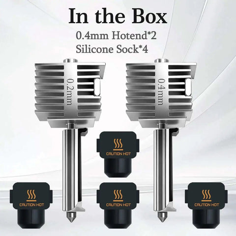 Two Pack 0.4mm Hotend Kit For A1 And A1 Mini 3D Printer with stainless steel nozzles and four silicone socks displayed.