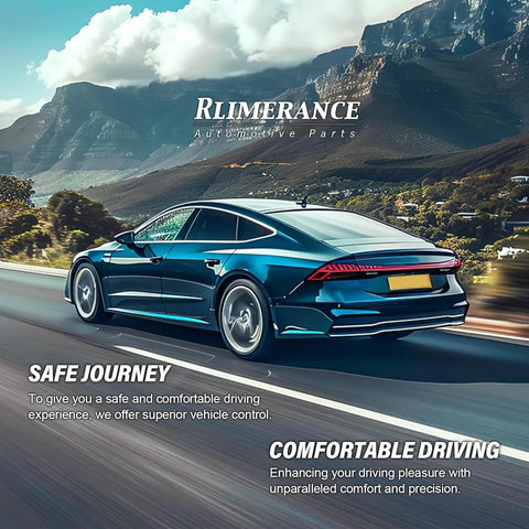 Sleek blue car driving on road with mountains in background, showcasing Rlimerrance Automotive Parts focus on safe and comfortable driving.