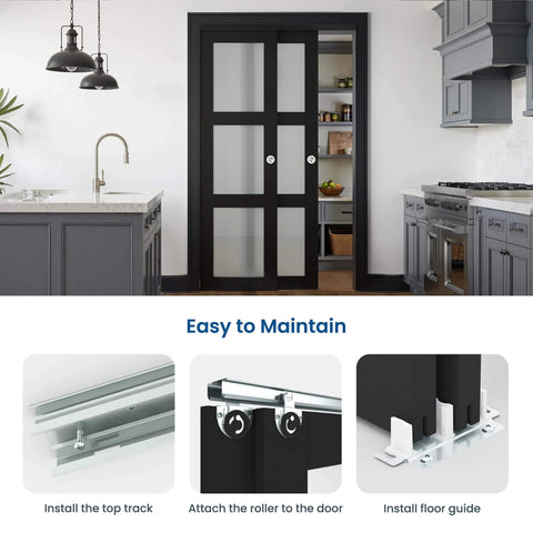 Sliding Closet Door For 64x80 Opening, 3 Lite Frosted Glass MDF Barn Door With Hardware And Track Kit, installed view