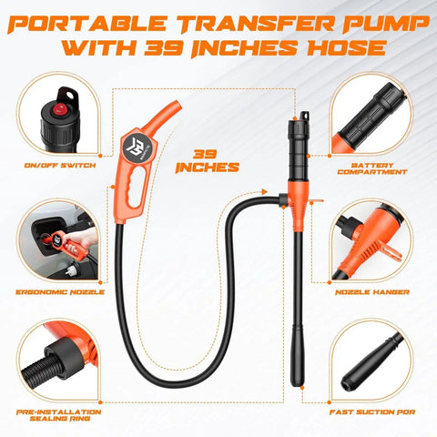Beast Portable Fuel Transfer Pump With Battery Power For Gasoline Diesel Water Siphon Style 3.0 GPM Flow, 39 Inch Hose