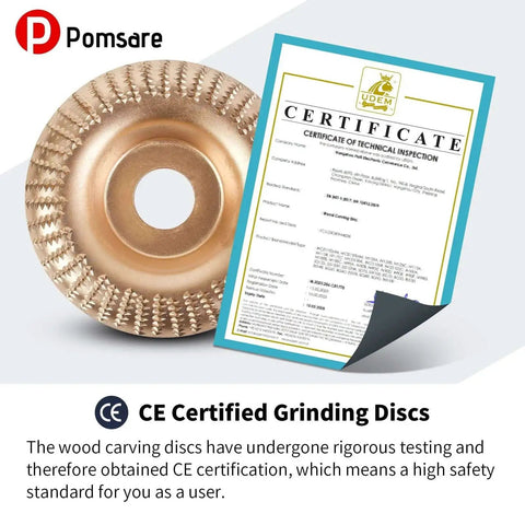 All In One Wood Carving Disc Set For Angle Grinders By Pomsare shown with CE certification document.