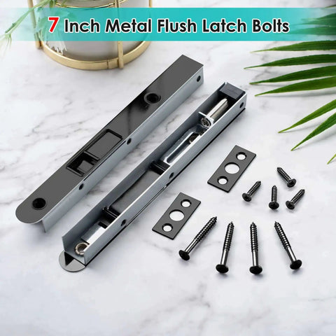 Two Pack 7 Inch Flush Bolts For Double Doors Heavy Duty Black Plated Latch Bolts For Inactive Leaf Secure French Door Opening On Composite Wood Double Doors Corrosion Resistant Solid Brass Construction shown with screws on a marble surface