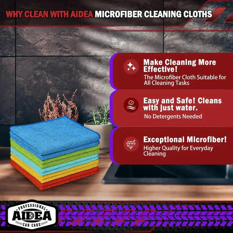 Stack of colorful microfiber cloths on a countertop next to cleaning benefits text for Must Have Everyday All Purpose Microfiber Cleaning Cloths 20 Pack For Cars SUVs Home Kitchen Windows And Workshop Super Absorbent Soft Lint Free Towels For Quick Drying Dusting And Safe Dirt Removal.