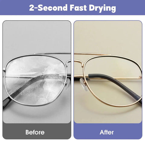 Before and after cleaning comparison of glasses; left lens dirty, right lens clean using 200 Pack Lens Wipes For Glasses And Devices Individually Wrapped.