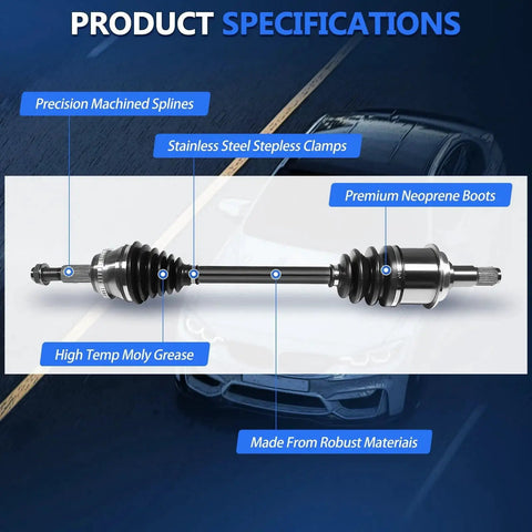 Front CV Axle Replacement Kit for Sienna 2004 2005 2006 2007 2008 2009 2010 FWD 3.3L 3.5L Includes Left Right Driver And Passenger Side CV Joint Shaft Assembly Pair Go To Upgrade, showcasing product specifications including precision machined splines, stainless steel stepless clamps, premium neoprene boots, high temp moly grease, and robust materials.