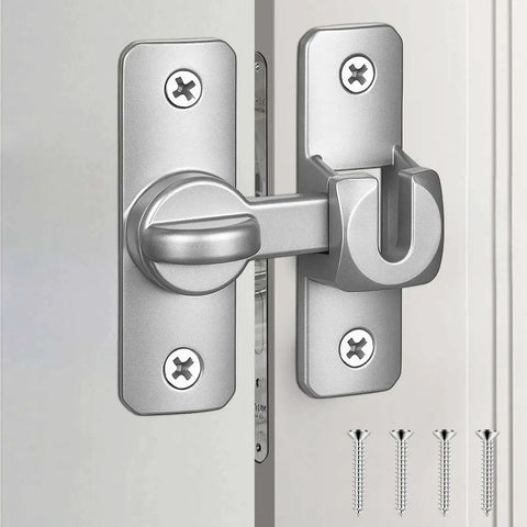 Close-up of silver Two Pack Ninety To One Hundred Eighty Degree Barn Door Lock Flip Latch Hardware No Drill Punch Free Design installed on door.