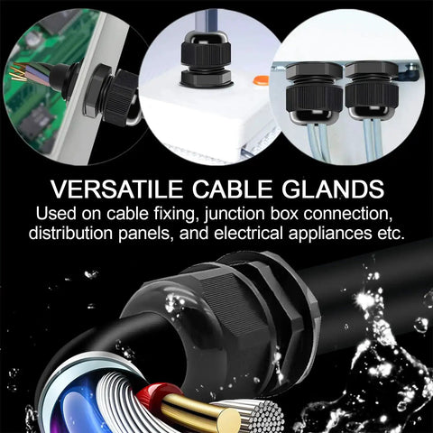 PG16 Cable Glands Set image showing installation on electrical boxes, waterproof nylon joints and cords in use