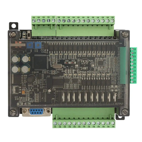 DC24V PLC Controller with 32-bit MCU, 100kHz pulse, 14 digital inputs, 10 transistor outputs, DIN rail mount, programmable logic